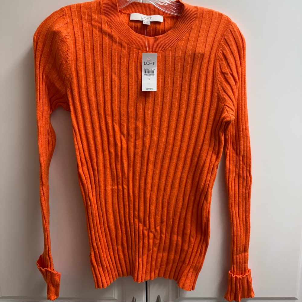 LOFT Ribbed Sweater Size Small NWT Bright Orange Ruffle Cuff